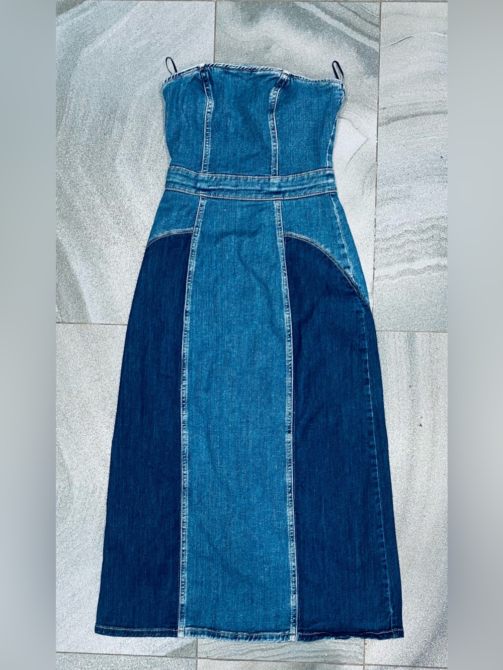 Zara Strapless Two Tone Denim Patchwork Midi Dress Size S